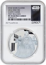 2016 1 OZ. GOLD & SILVER STAR WARS CLASSIC DARTH VADER FIRST RELEASES PAIR NGC PF70 ULTRA CAMEO PROOFS.