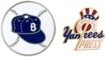 1955 WORLD SERIES BROOKLYN DODGERS AND NEW YORK YANKEES PRESS PIN PAIR.