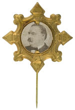 CLEVELAND CIRCA 1888 CARDBOARD PHOTO ON ORNATE STICKPIN UNLISTED IN HAKE AND DeWITT.