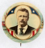 COLORFUL THEODORE ROOSEVELT SHIPS & FACTORIES PORTRAIT BUTTON.