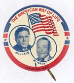 "AMERICAN WAY OF LIFE" WILLKIE MCNARY PATRIOTIC JUGATE LITHO BUTTON.