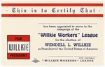 "WILLKIE WORKERS' LEAGUE" CARD.