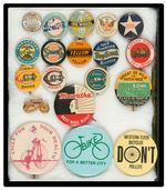 BICYCLE PINBACKS GROUP MOST FROM 1896-1912 INCLUDING RACE BUTTON.