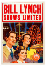 “BILL LYNCH SHOWS LIMITED” CARNIVAL POSTER WITH FAMILY IN MIDWAY.