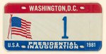 REAGAN NUMBER "1" 1981 INAUGURAL LICENSE PLATES GIFT OF THE PRESIDENT.