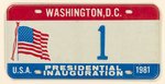 REAGAN NUMBER "1" 1981 INAUGURAL LICENSE PLATES GIFT OF THE PRESIDENT.