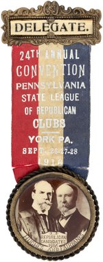 HUGHES & FAIRBANKS JUGATE BUTTON ON YORK, PA REPUBLICAN CLUBS RIBBON BADGE.