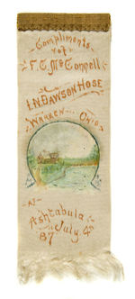 PAIR OF HAND-PAINTED FIRE RIBBONS FOR WARREN, OHIO COMPANY VISITING ASHTABULA JULY 4, 1887.