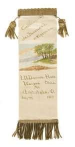 PAIR OF HAND-PAINTED FIRE RIBBONS FOR WARREN, OHIO COMPANY VISITING ASHTABULA JULY 4, 1887.