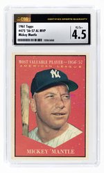 1961 TOPPS #475 '56-57 AL MVP MICKEY MANTLE (HOF) CSG 4.5 VG/EX+.