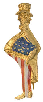 PRO-BRYAN 1900 BRASS PIN WITH CARTOON UNCLE SAM’S GIANT BELLY LABELED “EXPANSION.”