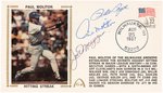 JOE DiMAGGIO (HOF), PAUL MOLITOR (HOF) & PETE ROSE SIGNED FIRST DAY COVER WITH SILK CACHE "HITTING STREAK."