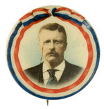 ROOSEVELT FULL COLOR PORTRAIT BUTTON WITH VIBRANT RWB BUNTING RIM DESIGN.