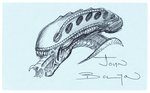 ALIEN HEAD SKETCH BY JOHN BOLTON ON INDEX CARD.