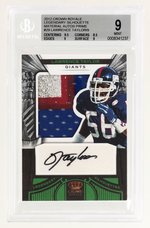 2012 CROWN ROYALE LEGENDARY SILHOUETTE MATERIAL AUTOS PRIME #29 LAWRENCE TAYLOR (HOF) 6/9 BECKETT 9 MINT.