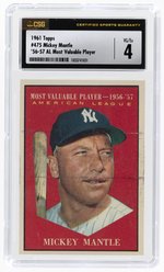 1961 TOPPS #475 MICKEY MANTLE '56-57 AL MOST VALUABLE PLAYER CSG 4 VG/EX.