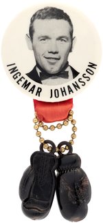 C. 19601 INGEMAR JOHANSSON RARE BUTTON WITH BOXING GLOVE ATTACHMENTS FROM HEAVYWEIGHT TITLE FIGHT AGAINST PATTERSON.