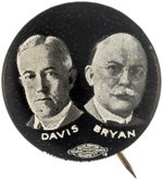 DAVIS & BRYAN 1924 DEMOCRATIC CAMPAIGN JUGATE BUTTON HAKE #1.