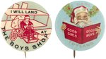 "I WILL LAND AT THE BOYS SHOP" AND SANTA READING BOOK AT "THE CARL CO./TOYLAND" PAIR OF BUTTONS.