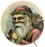 19th CENTURY SANTA WITH PIPE SMOKE ENCLOSING "A MERRY CHRISTMAS" GREETING BUTTON.