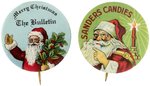 "MERRY CHRISTMAS/THE BULLETIN" PHILADELPHIA SANTA AND DETROIT SANTA FROM "SANDERS CANDIES" BUTTON PAIR.