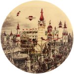 CONEY ISLAND "LUNA PARK" C. 1905 LARGE 4" TINTED REAL PHOTO CELLULOID MEDALLION WITH SLOTS FOR SMALL WIRE EASEL.