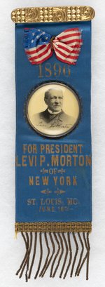 LEVI P. MORTON RARE 1896 PRESIDENTIAL HOPEFUL RIBBON BADGE.