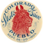 "COLORADO STATE FAIR" 1904 BUTTON PICTURING CRAZED HORSE AND BUTTON POWER BOOK PHOTO EXAMPLE.