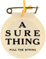 WILSON A SURE THING PULL THE STRING MECHANICAL CELLO PORTAIT BADGE.
