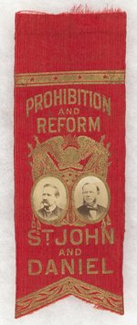 PROHIBITION AND REFORM ST. JOHN AND DANIEL 1884 JUGATE RIBBON.