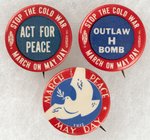 STOP THE COLD WAR MARCH ON MAY DAY COMMUNIST BUTTON TRIO.