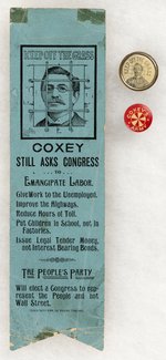 JAMES COXEY: COXEY'S ARMY CELLO STUD, KEEP OFF THE GRASS BADGE & RIBBON.