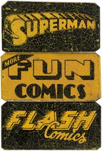 DC COMICS GOLDEN AGE COMIC RACK NAME PLATE TRIO.