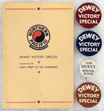 DEWEY VICTORY SPECIAL TRAIN MENU AND BUTTON QUARTET.