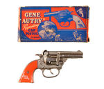 "GENE AUTRY REPEATING CAP PISTOL JR. MODEL" WITH ORANGE SIGNATURE GRIPS BOXED.