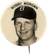 1950s BROOKLYN DODGERS PM10 SERIES BOBBY MORGAN REAL PHOTO STADIUM BUTTON.