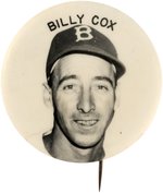 1950s BROOKLYN DODGERS PM10 SERIES BILLY COX REAL PHOTO STADIUM BUTTON.