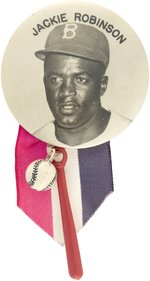 1950s BROOKLYN DODGERS PM10 SERIES JACKIE ROBINSON (HOF) REAL PHOTO STADIUM BUTTON W/ATTACHMENTS.