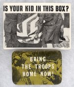 IS YOUR KID IN THIS BOX? & BRING THE TROOPS HOME NOW! ANTI-VIETNAM WAR BUTTON PAIR.