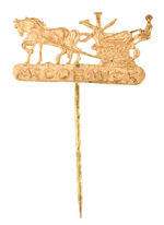 "McCORMICK" ORNATE AND DETAILED STICKPIN SHOWING MAN ON HORSE-DRAWN THRESHING MACHINE.