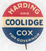 HARDING, COOLIDGE, AND COX MASSACHUSETTS COATTAIL BUTTON.