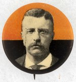 TEDDY ROOSEVELT PORTRAIT BUTTON W/ ORANGE AND BLACK BACKGROUND.