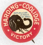 HARDING-COOLIDGE VICTORY REPUBLICAN LEAGUE OF MASS. ELEPHANT BUTTON.