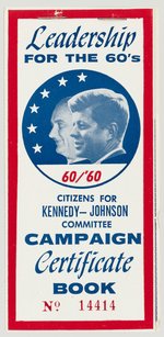 CITIZENS FOR KENNEDY-JOHNSON COMMITTEE CAMPAIGN CERTIFICATE BOOK.