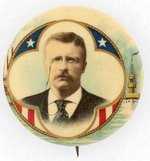 SHIPS AND FACTORIES PATRIOTIC AND COLORFUL THEODORE ROOSEVELT BUTTON.