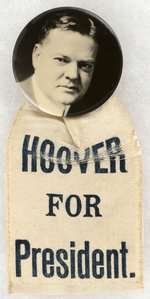 REAL PHOTO HOOVER FOR PRESIDENT PORTRAIT BUTTON W/ RIBBON.