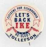 CITIZENS FOR EISENHOWER RE-ELECT TOLLEFSON WASHINGTON COATTAIL BUTTON.