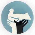 DOVE PEACE SYMBOL HELD ALOFT BY EQUAL WHITE AND BLACK HANDS 1968 "OFFICIAL" ANTI VIETNAM WAR BUTTON FROM THE LEVIN COLLECTION.