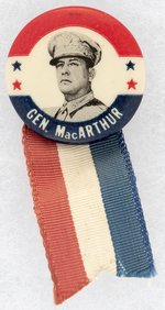 "GEN. MacARTHUR" RARE WWII PORTRAIT BUTTON W/ ORIGINAL RIBBON ACCENT.