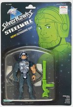 SILVERHAWKS STEELWILL UNTRASONIC SUIT ACTION FIGURE ON CARD.